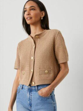 Ann Taylor Textured Short Sleeved Sweater Jacket - Small